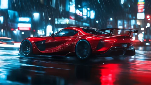 Red supercar powers through neon city rain at night.