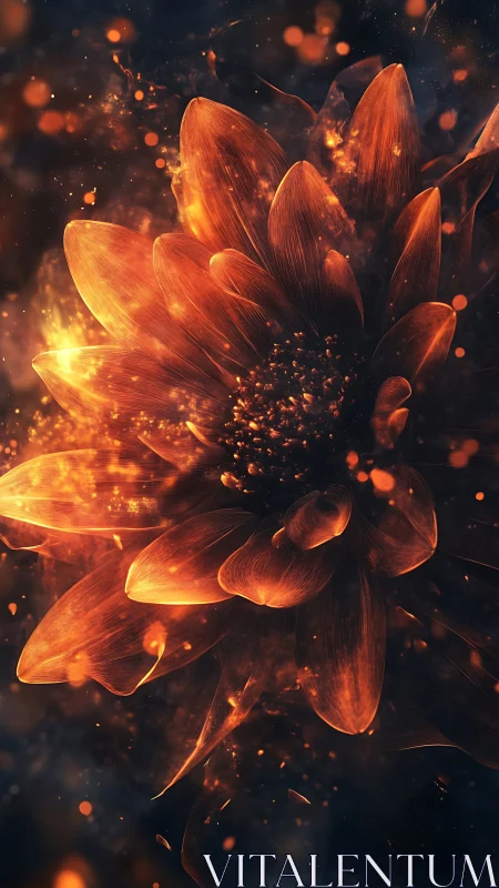 Fiery orange flower blooms in cosmic embers and swirling light