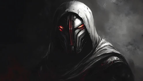 Hooded cybernetic warrior with red emissive visor in chiaroscuro