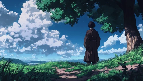 Solitary wanderer studies a sky stitched with wandering clouds