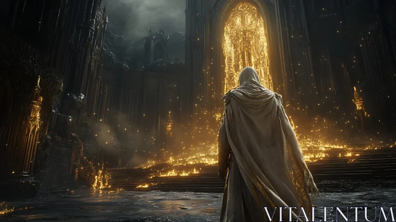 Hooded figure observes illuminated architectural portal calmly