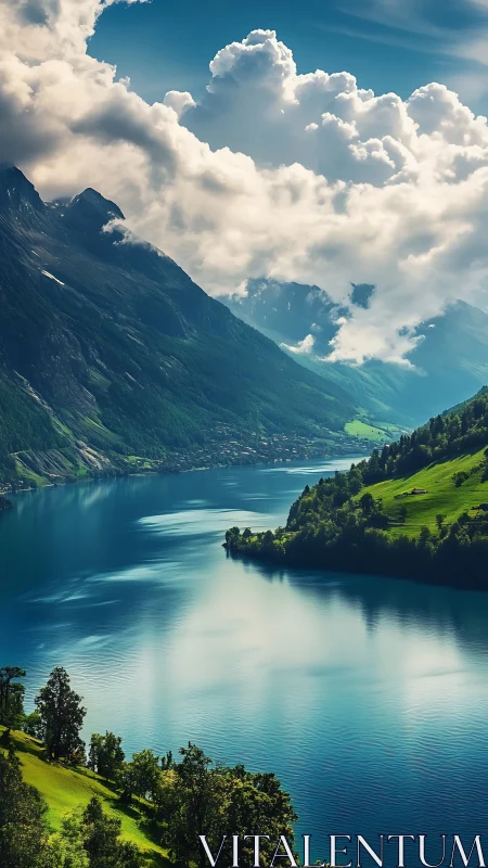 Steep alpine fjord valley with reflective water and volumetric clouds