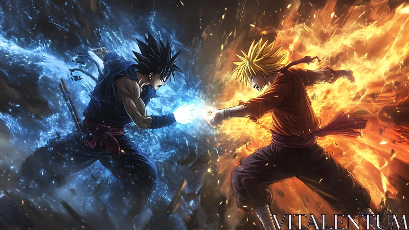 Elemental anime duel with colliding fire and water powers.