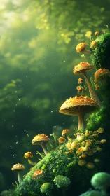 Luminescent forest fungi rising through emerald haze.