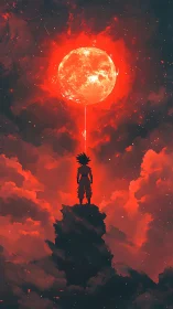 Silhouetted warrior confronts tethered red moon over peaks