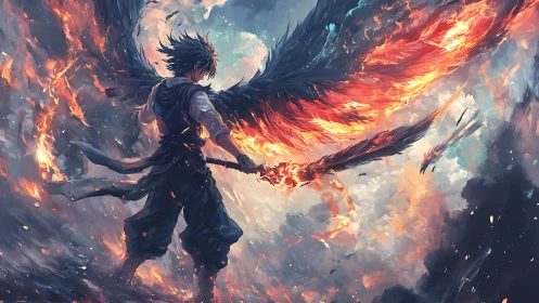 Winged warrior commands blazing sword in storming sky
