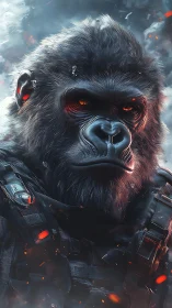 Battle-hardened cyber gorilla in ember-flecked armor.