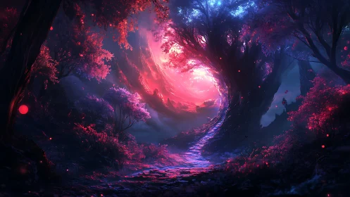 Enchanted forest path curves toward glowing celestial vortex