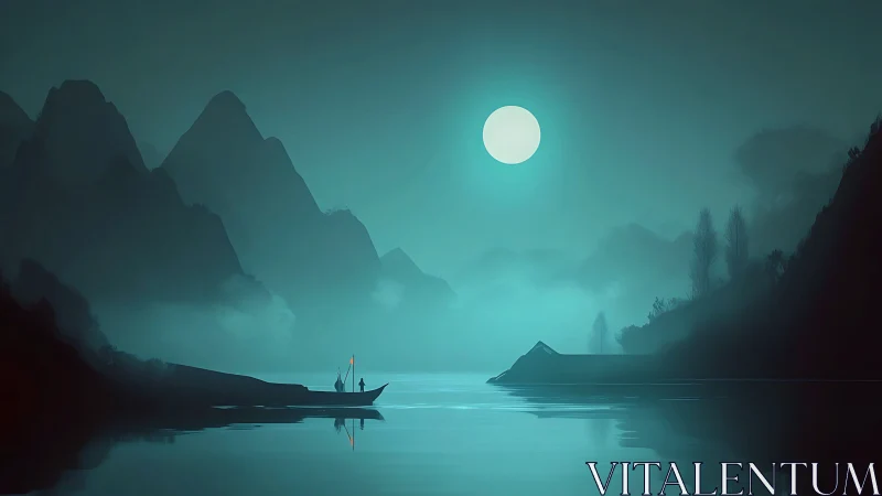 Moonlit boat on misty mountain lake at night scene.