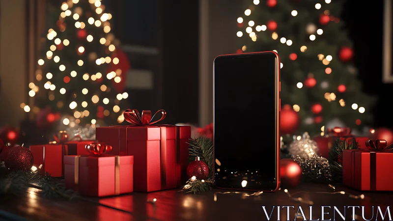 Smartphone and red gifts in warm Christmas setting.