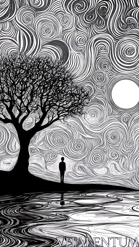 Solitary dreamer leans into a vortex-swirled monochrome night