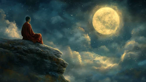 Monk in crimson robe contemplates luminous full moon