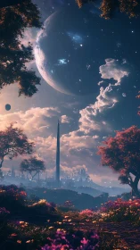 Futuristic skyline under colossal planet above luminous meadow.