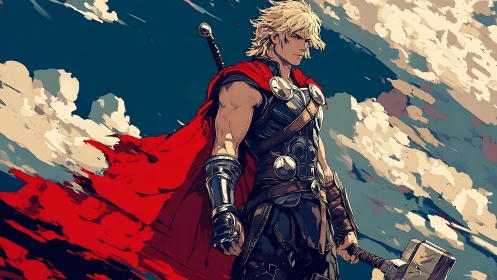 Storm warrior with hammer stands resolute beneath painted sky