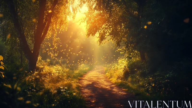 Sunlit Forest Path with Glowing Fireflies in Dreamy Style.