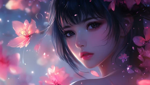 Softly glowing girl surrounded by dreamy cherry blossoms.