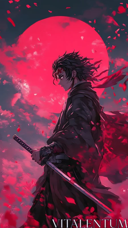 Lone anime swordsman beneath a blazing crimson moon.