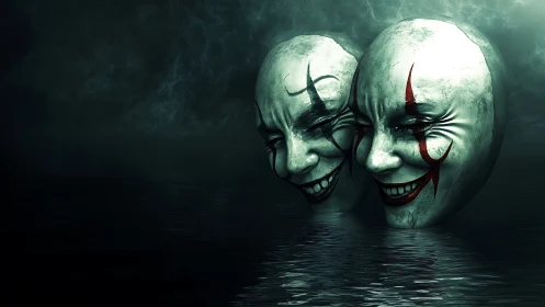 Dual clown masks over dark reflective water at night.