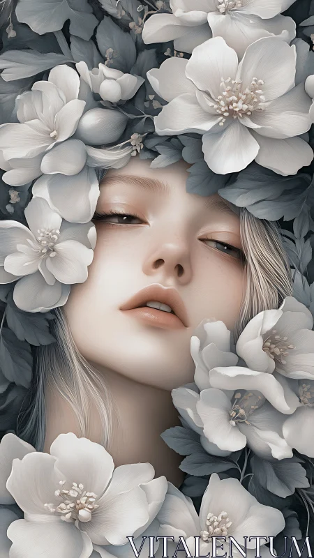 Female portrait framed by large monochrome flowers.