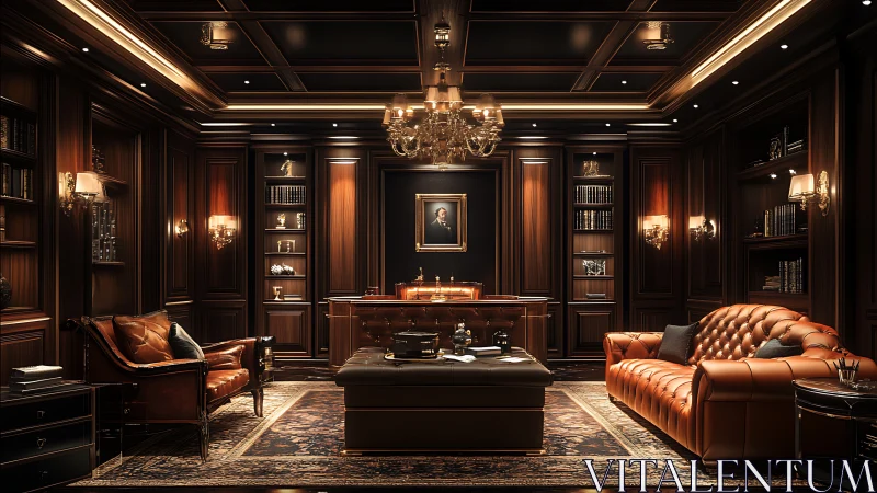 Luxurious neoclassical office with symmetrical wood paneling.