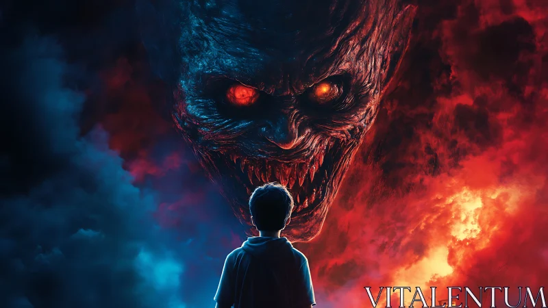 Child facing giant demonic face amid red blue storm clouds.
