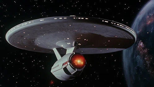 Sleek star cruiser gliding past distant planet in space.