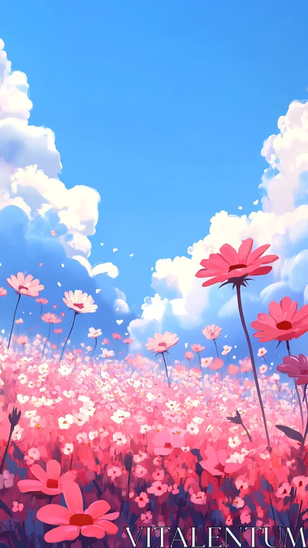 Pink wildflower meadow under bright blue summer sky.