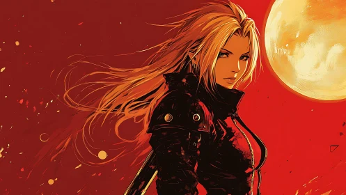Blonde anime warrior in black coat before oversized blood moon