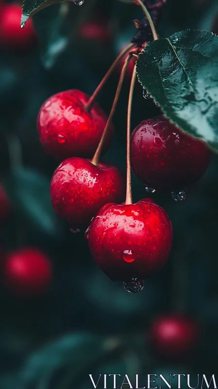 Close-up of wet red cherries on branch with green foliage.