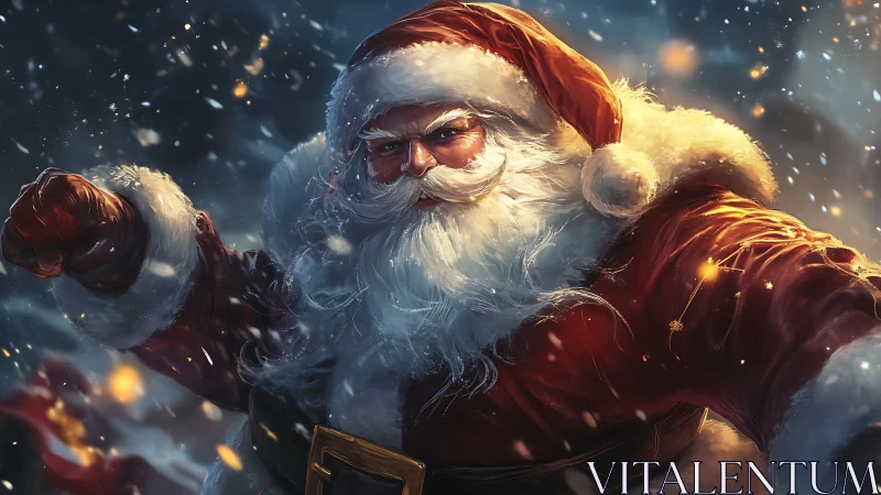 Joyful Santa soaring through a snowy Christmas night sky.