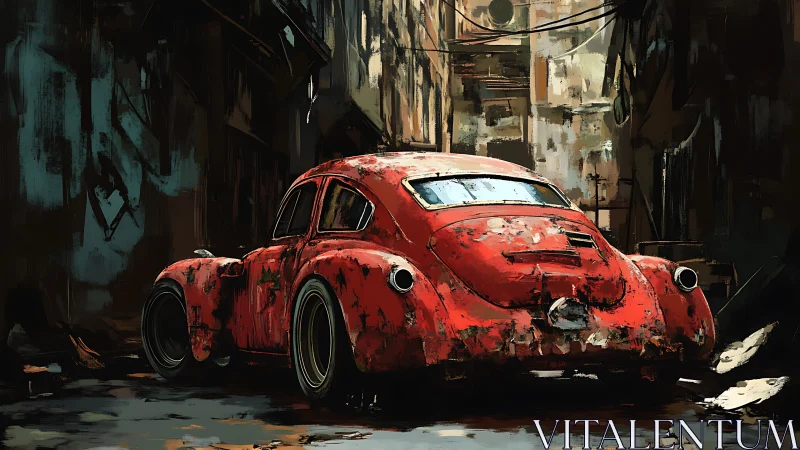 Rusty red classic car in narrow urban alley at dusk.