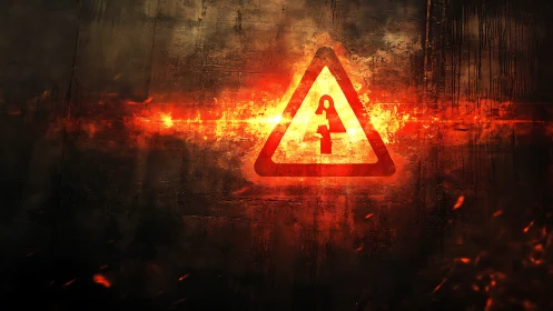 Red triangular warning sign glows intensely against dark textured background.