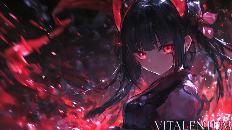Dark-haired anime girl stands amid red abstract energy field