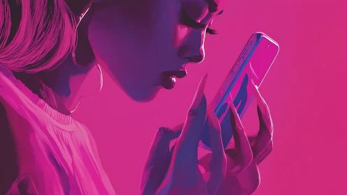 Neon lit woman studies her smartphone in moody profile