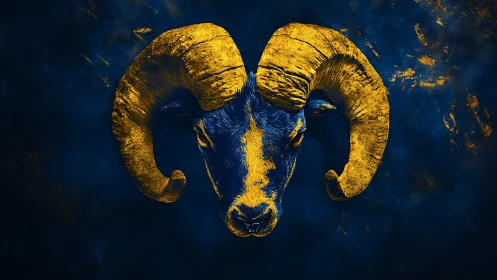 Ram head illustration in blue and yellow contrasting palette.