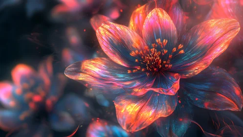 Digital macro render of multicolored luminous flower form.