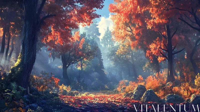 Autumn Forest Canopy Path Bathed in Golden Sunlight