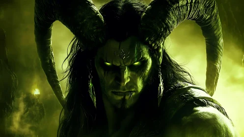 Horned abyssal warlord bathed in venomous green fire.