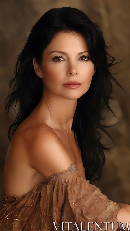 Brunette woman portrait under warm studio beauty lighting.