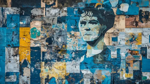 Weathered geometric mural shows solemn male portrait
