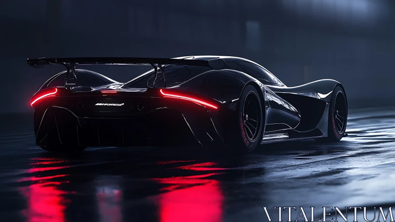 Low-angle rear view shows wet track hypercar illuminated