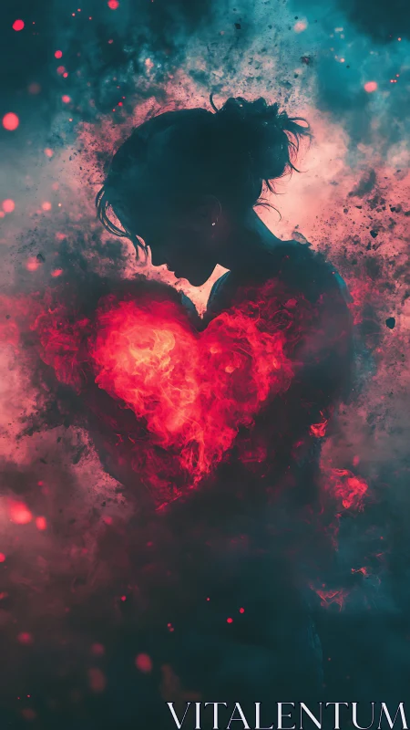 Silhouetted Figure with Incandescent Heart Emanating Particulate Light.