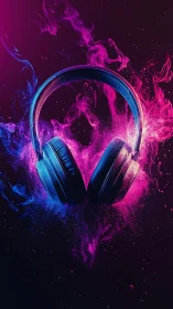 Neon headphones ignite swirling plumes of liquid sound