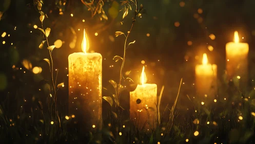 Candle flames glowing in dark grass with floating embers.