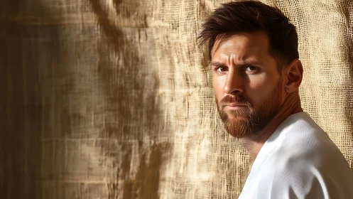 Portrait of bearded man against textured burlap backdrop.