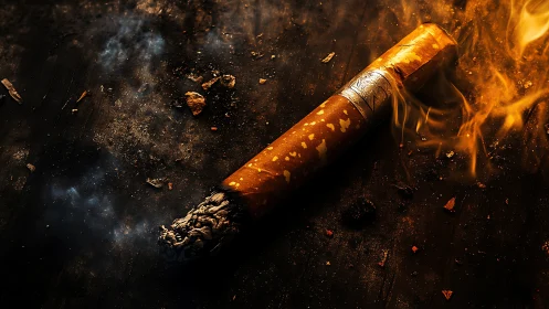Combusting cigarette macro with incandescent ash and smoke trail.