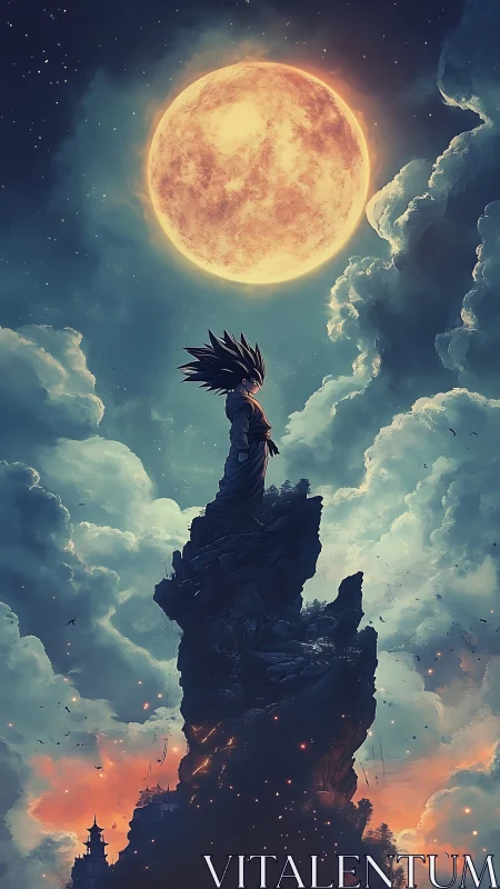 Lone warrior stands on jagged spire beneath colossal moon
