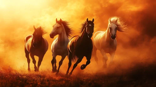 Wild sunfire stampede of horses through blazing dusk mist.