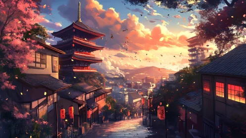 Sunset light bathes tranquil pagoda street in old Japan