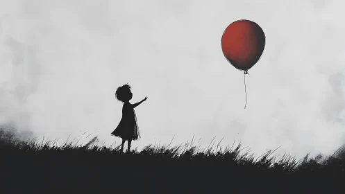 Silhouette child reaching toward drifting red balloon.